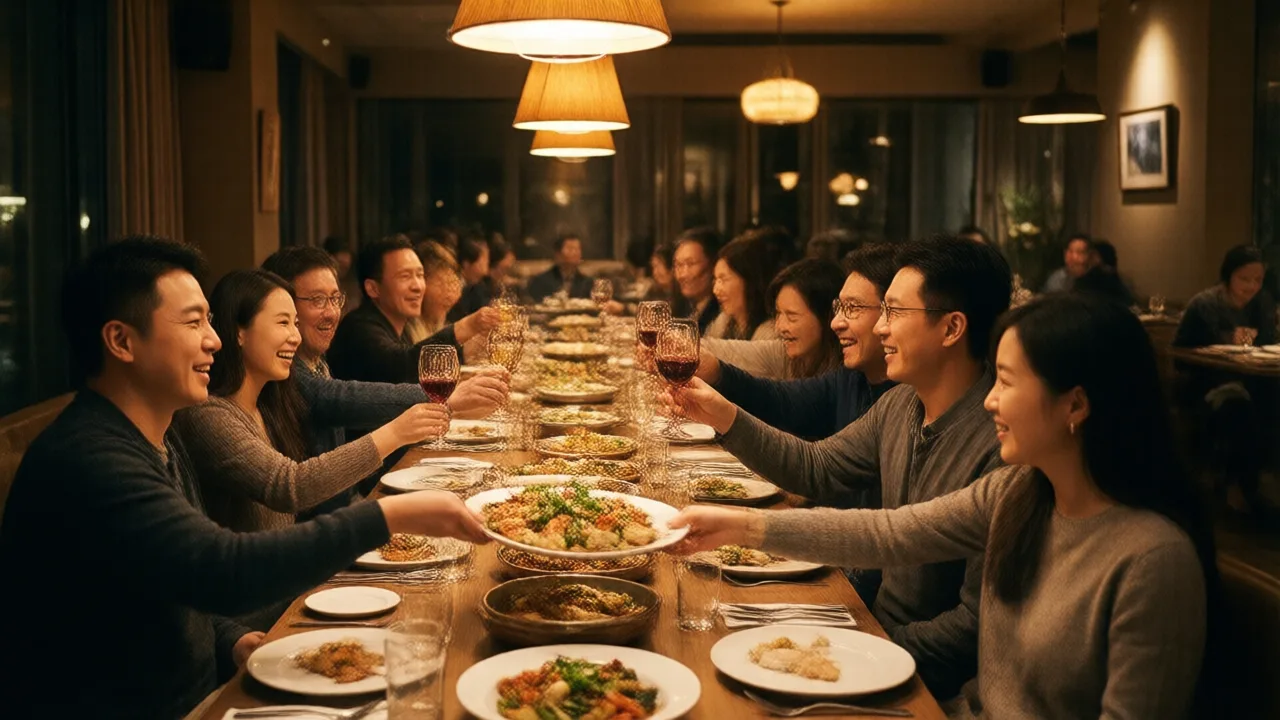 A large group of friends and family gathered around one long communal restaurant table under warm pendant lighting, shared plates being passed and glasses raised in a toast