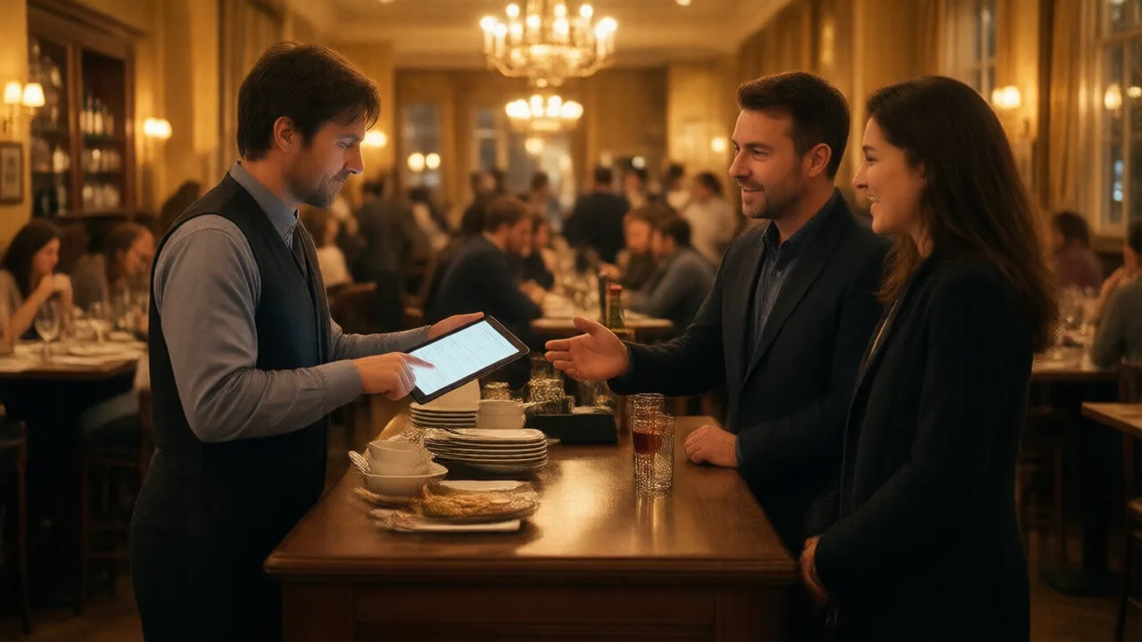 A restaurant host with a tablet greeting two guests at the host stand as a busy dining room glows behind them