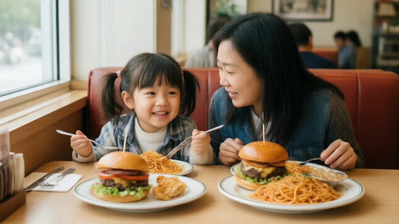 A family with two young children sharing burgers and pasta in a bright casual restaurant booth with daylight from a nearby window