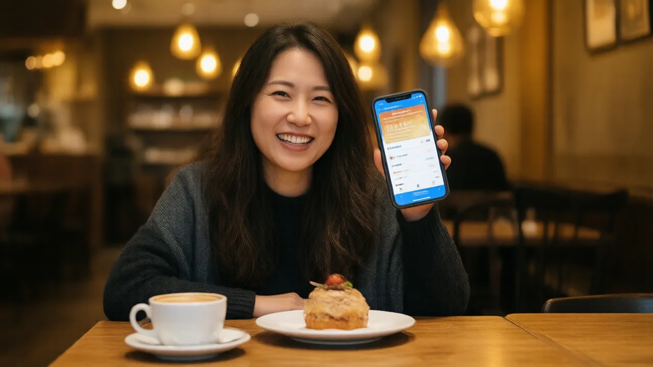 A smiling diner at a cozy restaurant table holding a smartphone showing a restaurant rewards and loyalty points app, coffee and dessert on the wooden table under warm pendant lighting