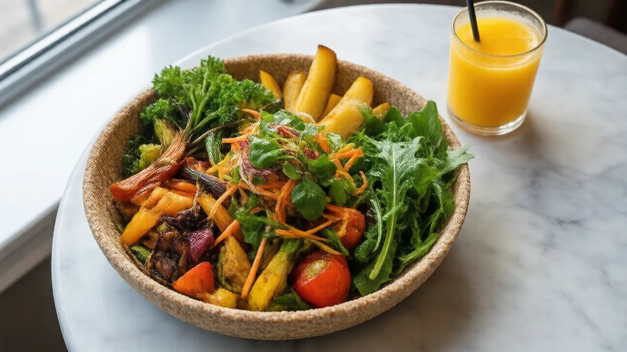 Overhead view of a colorful plant-based restaurant meal on a marble table with a grain bowl, roasted vegetables, greens and fresh juice