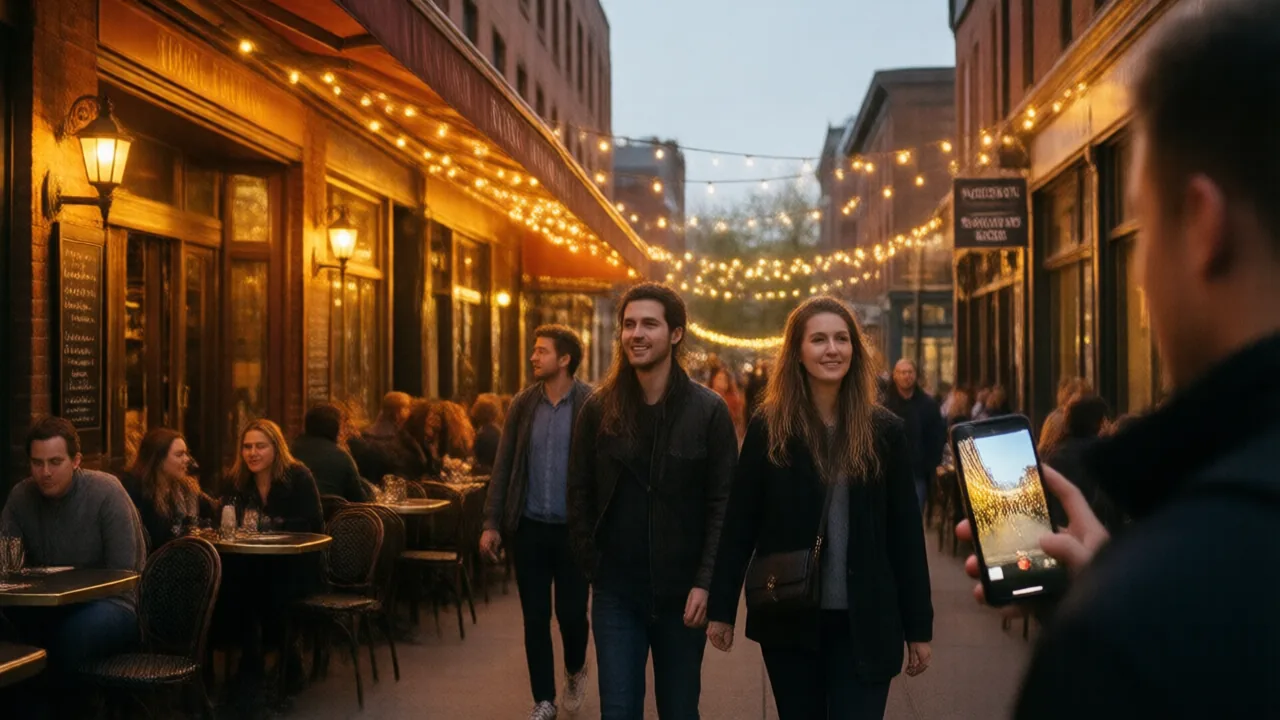 A small group walking a lamp-lit downtown restaurant row at dusk, string lights over the sidewalk and glowing storefront windows, one person holding a phone with a route