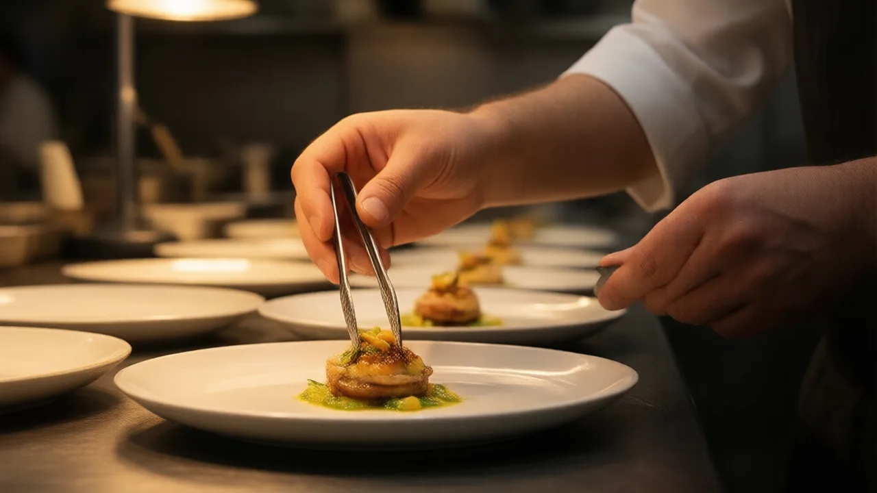 A chef plating a small artistic course with tweezers at a fine dining kitchen pass, identical plates lined up under warm task lighting