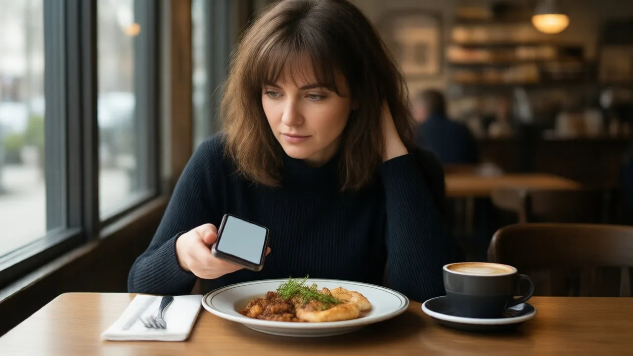 A diner holding a smartphone above a finished plate at a cafe table with a coffee cup and napkin beside it
